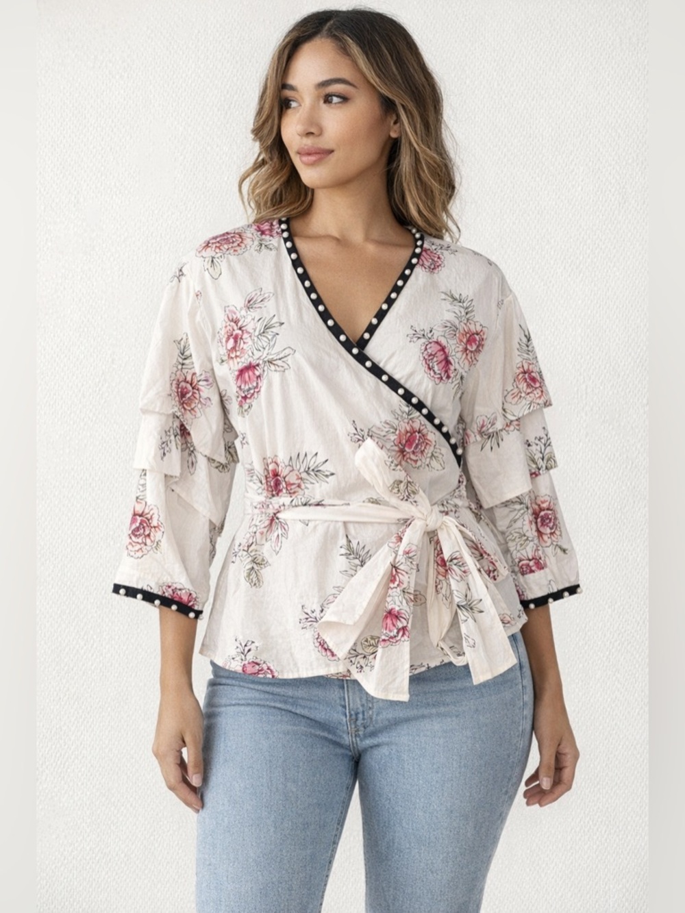 Relativity kimono style floral feminine‎ flirty pink white blouse XL see flaw